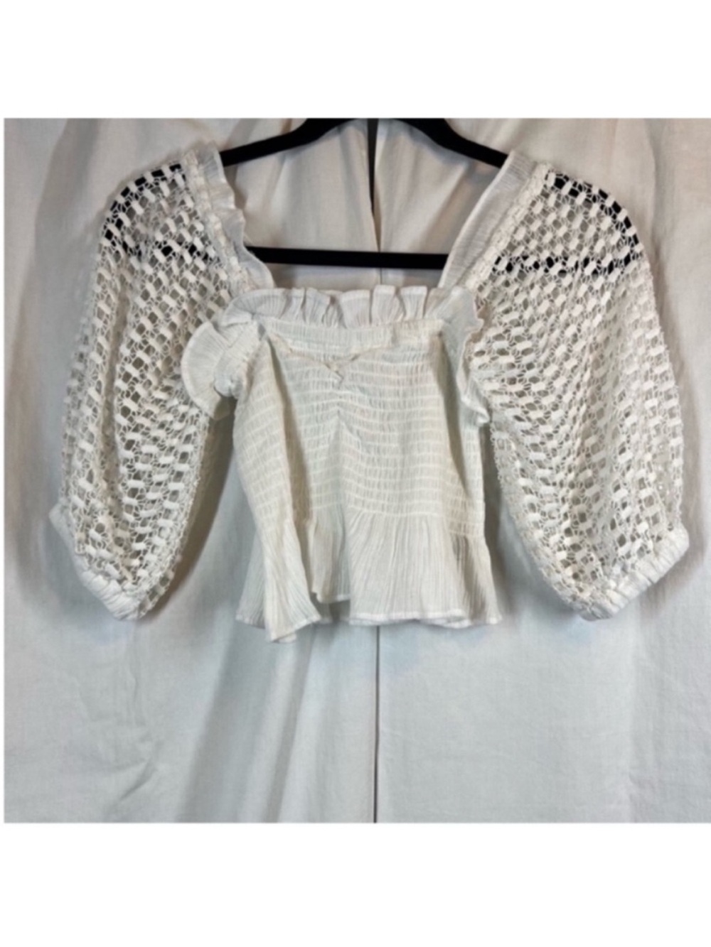 Surf Gypsy 100% cotton crochet sleeve smocked square neck cropped blouse